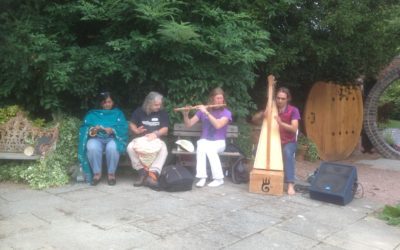 Musicians from CelticVedic Fabrice & Andrea at the One Tree Gathering, Whit Lenge Gardens August 2015