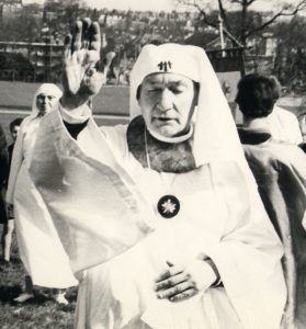 Ross Nichols gives Peace to the Quarters at the Spring Equinox ceremony of the Order in 1967, Parliament Hill, Highgate.