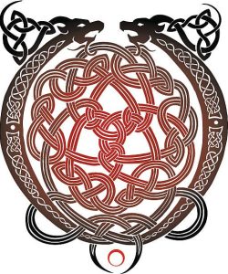 Two entertwined dragons done in  the Celtic Knot tradition.